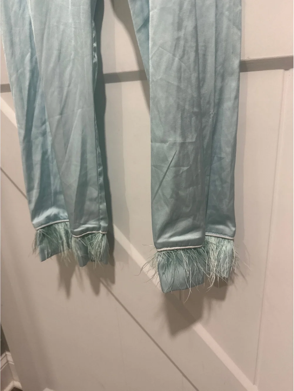 Lola + The Boys Sky Feather Silky Set in Light Blue with Faux Feather Trim, L